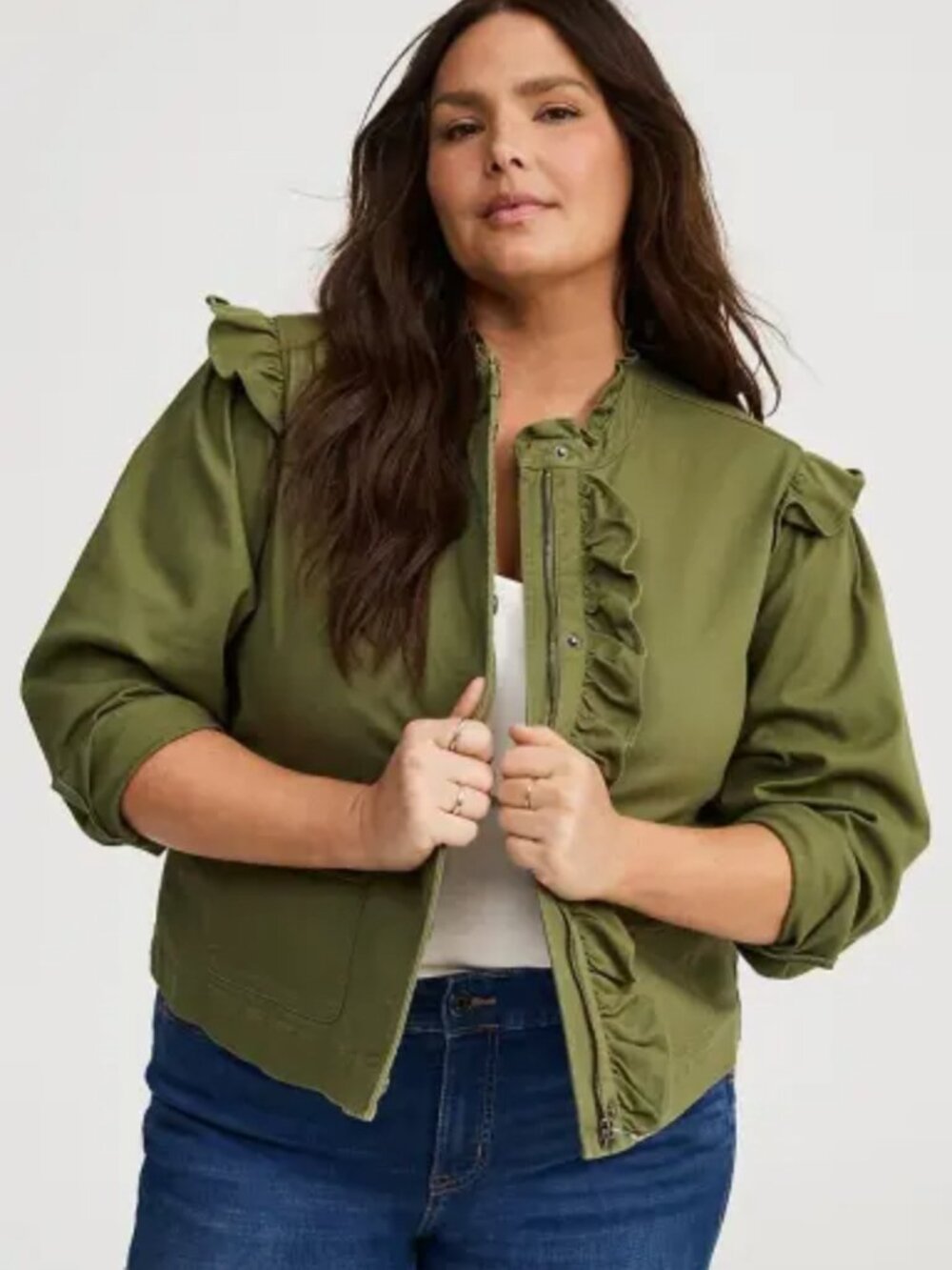 Torrid Olivine Lightweight Twill Ruffle Utility Jacket in Size 1 (14/16)